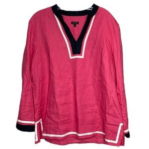 Talbots Pink Linen Pullover Tunic Top Colorblock Navy White V-Neck Sz L